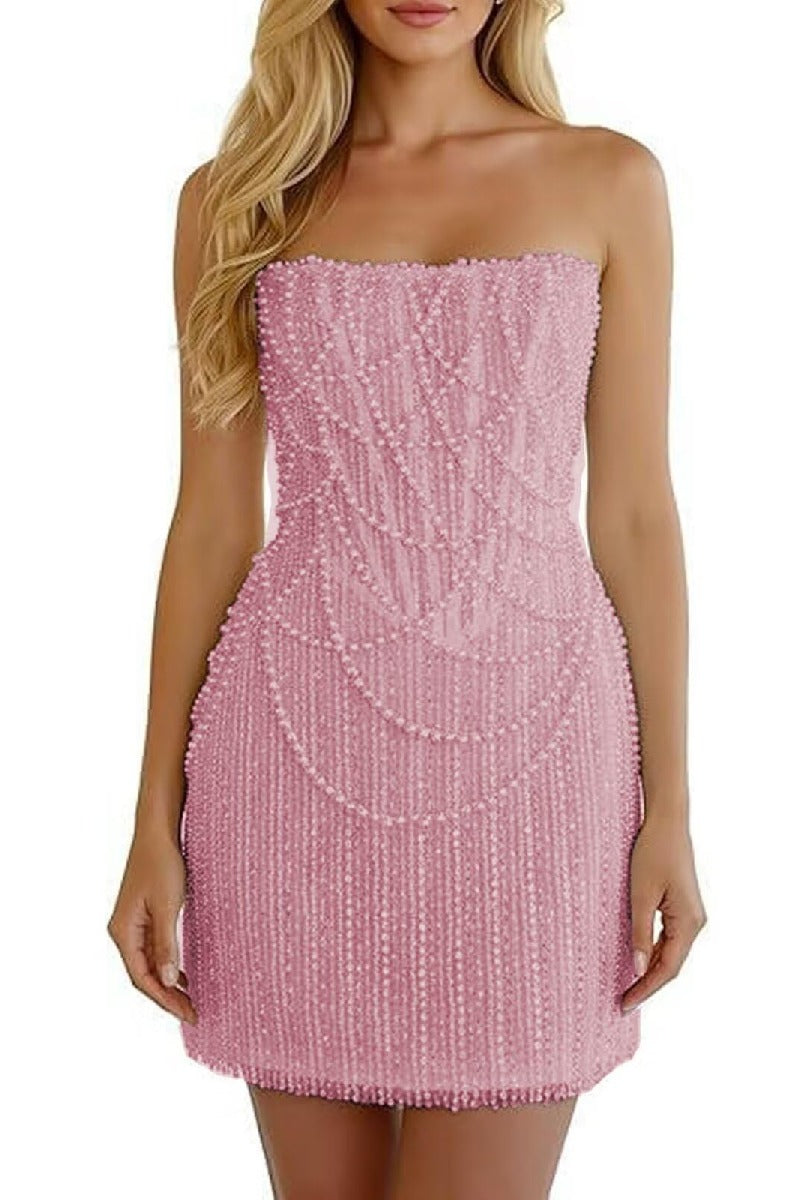 Sheath-Column Strapless Short Pearls Sequin Dress CS1075