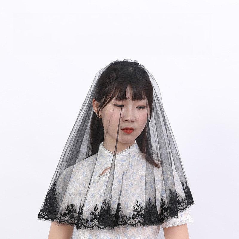 Short double comb Halloween black headdress lace veil 652118383139 - COCOMELODY