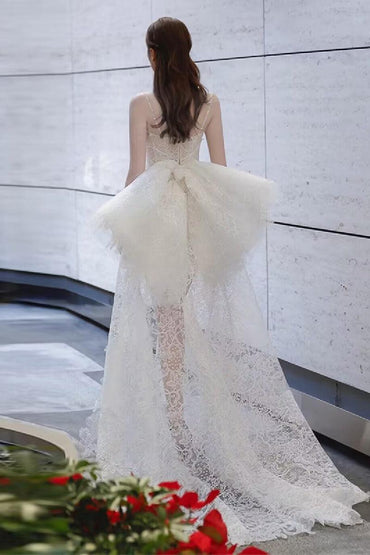 Sheath-Column High-Low Lace Wedding Dress 724377538001 - COCOMELODY