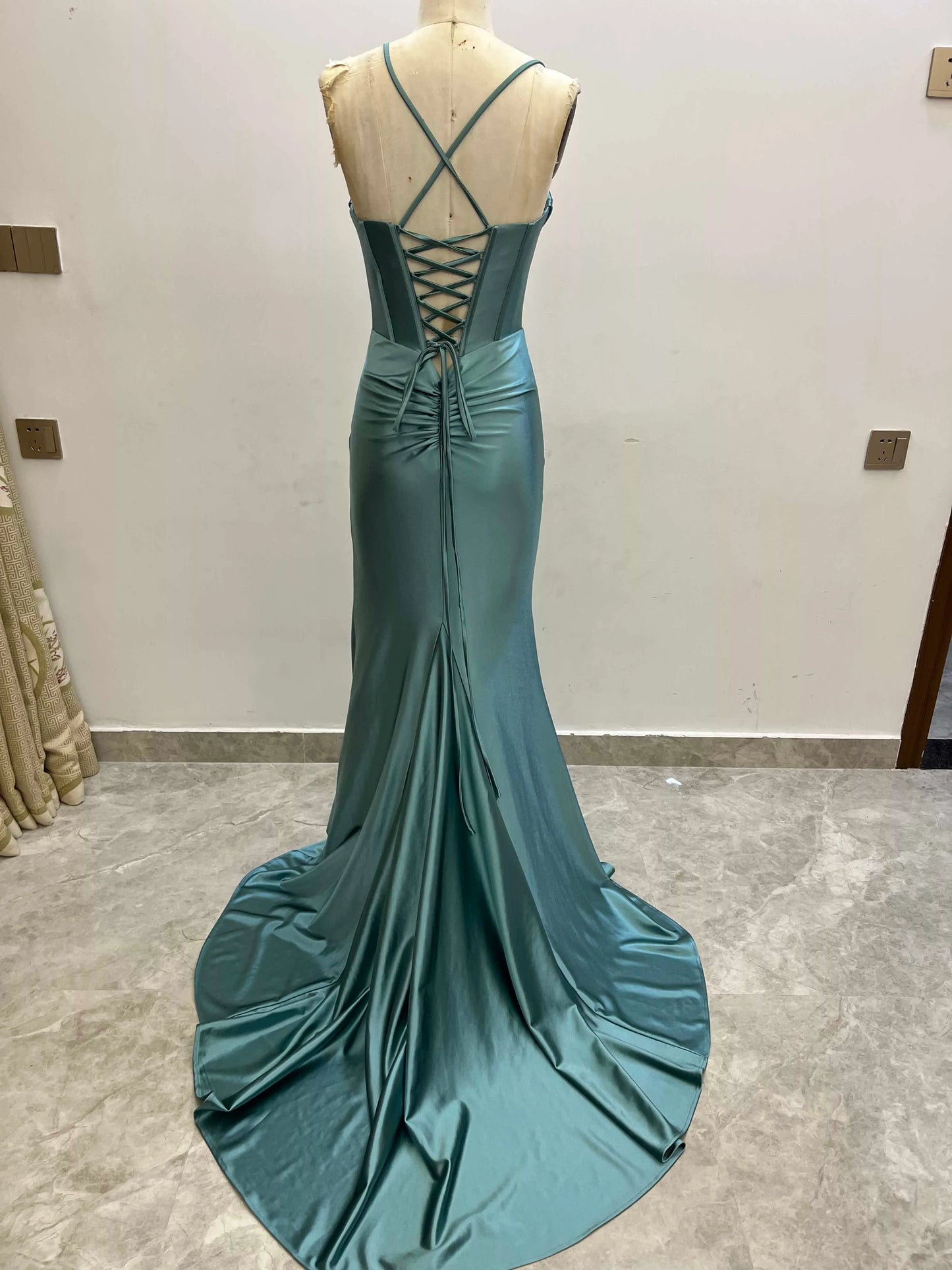 Corset Bodice Pleated Stretch Satin Prom Dresses CS0933