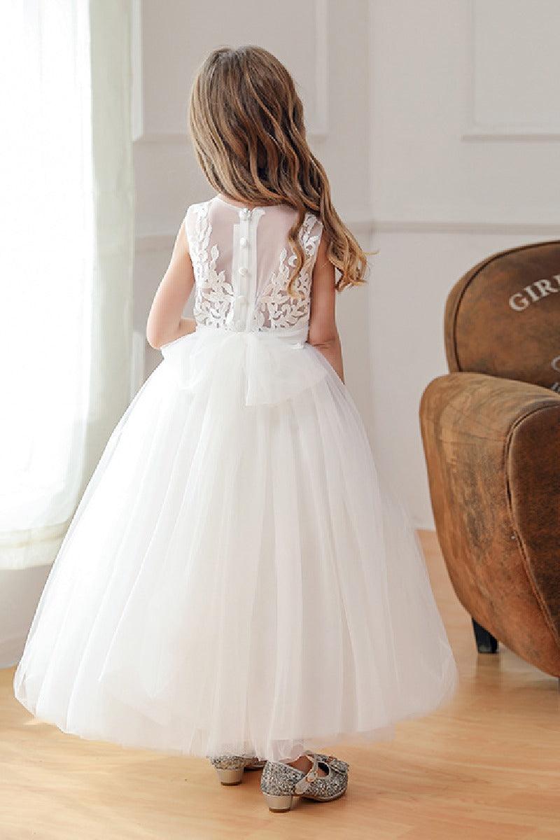 A-line/Princess Illusion Neck Tea Length Lace Tulle Flower Girl Dress 785081622909 - COCOMELODY