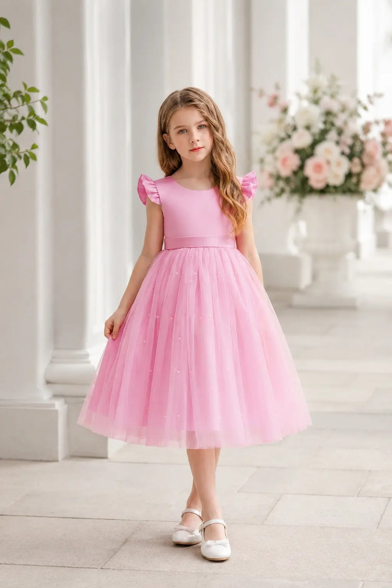 Tulle Pearl Bow Back Knee Length Ruffle Cap Sleeve Flower Girl Dresses 652115065250