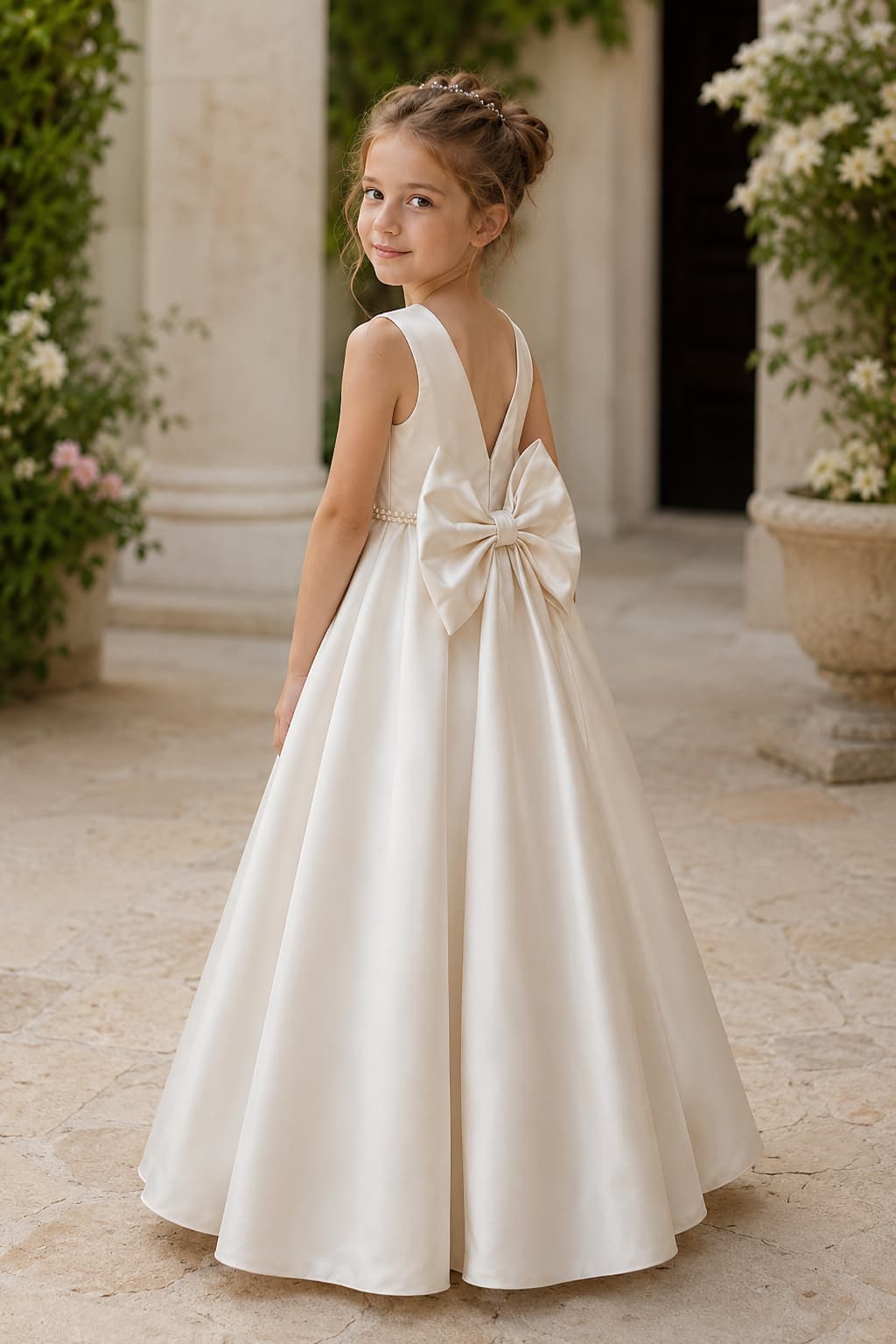 Elegant Satin Pearl Waist Pleated Skirt Bow Back Flower Girl Dresses 807252665221