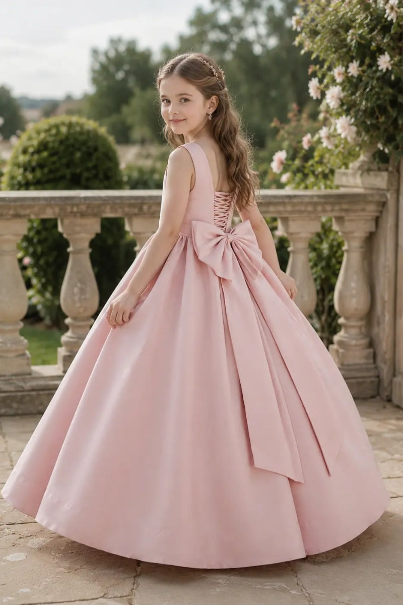 Elegant A-Line Floor Length Satin Square Neck Flower Girl Dresses 1017253005663