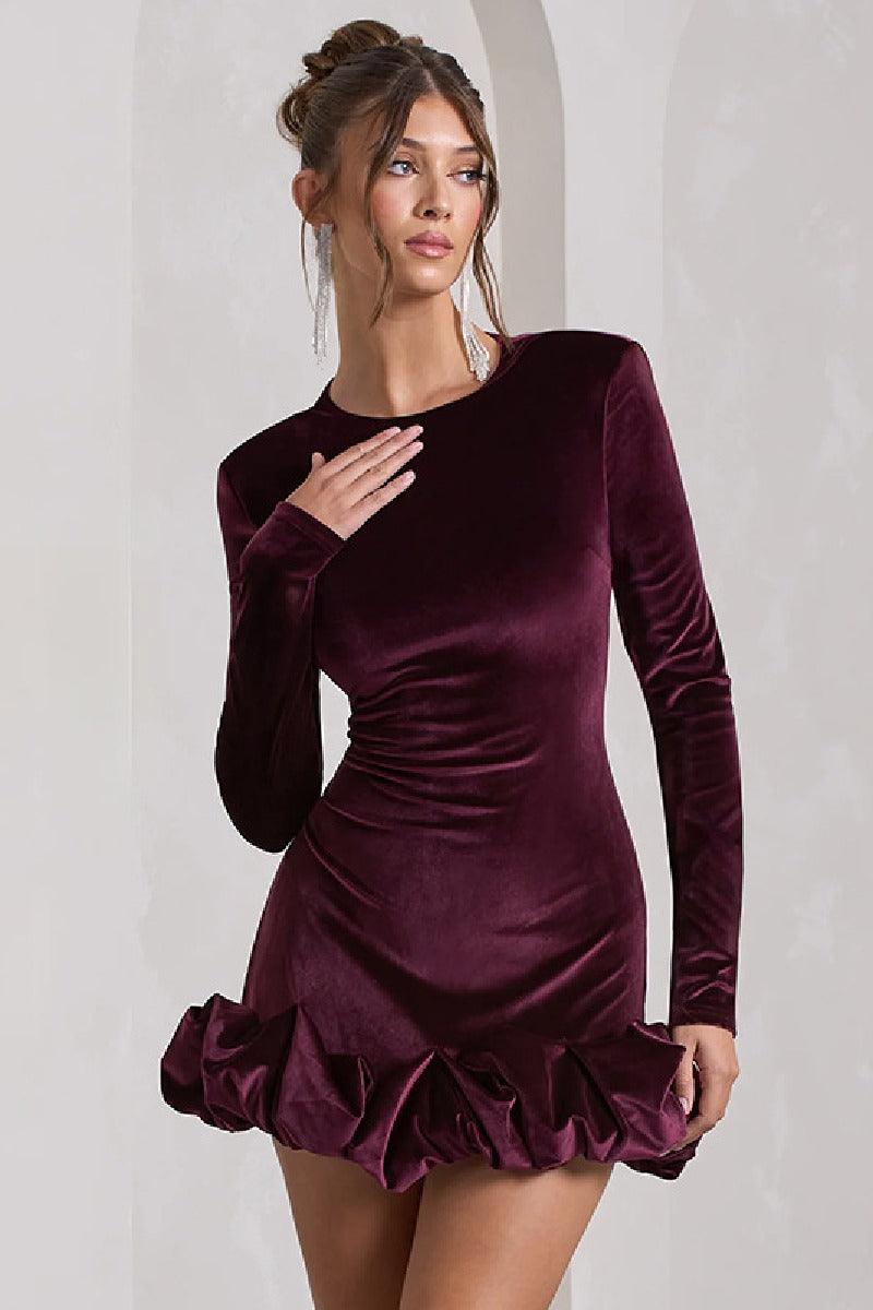 Velvet round neck three-dimensional pleated hem cocktail dress 839933653307 - COCOMELODY