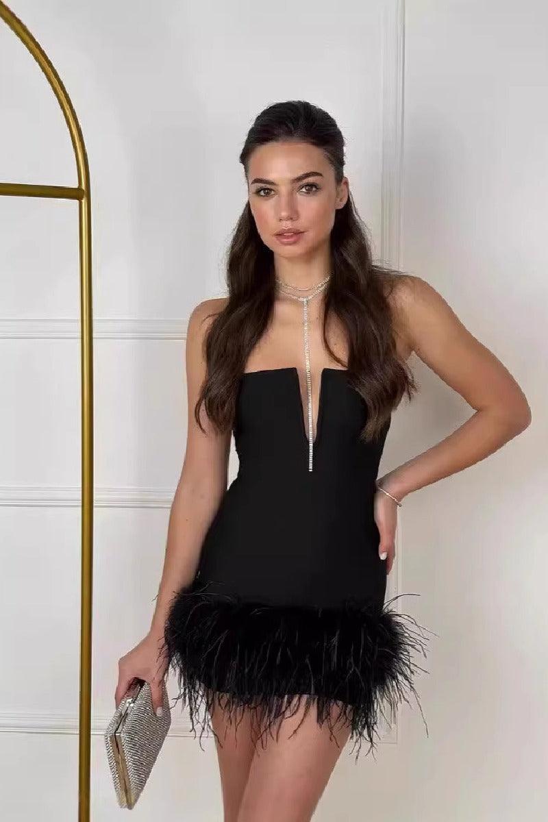 Strapless style socialite party ostrich fur bandage cocktail dress 841018847657 - COCOMELODY