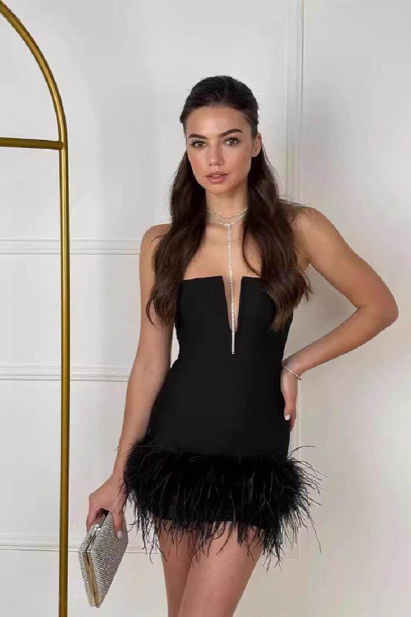 Strapless style socialite party ostrich fur bandage cocktail dress 841018847657 - COCOMELODY