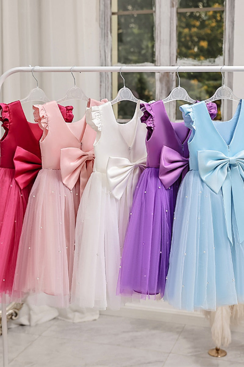 Tulle Pearl Bow Back Knee Length Ruffle Cap Sleeve Flower Girl Dresses 652115065250