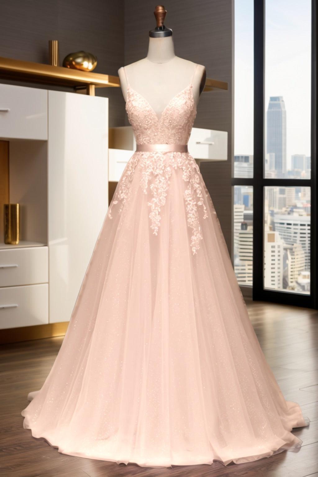 A-Line Sweep-Brush Train Tulle Prom Dress CS0464 - COCOMELODY