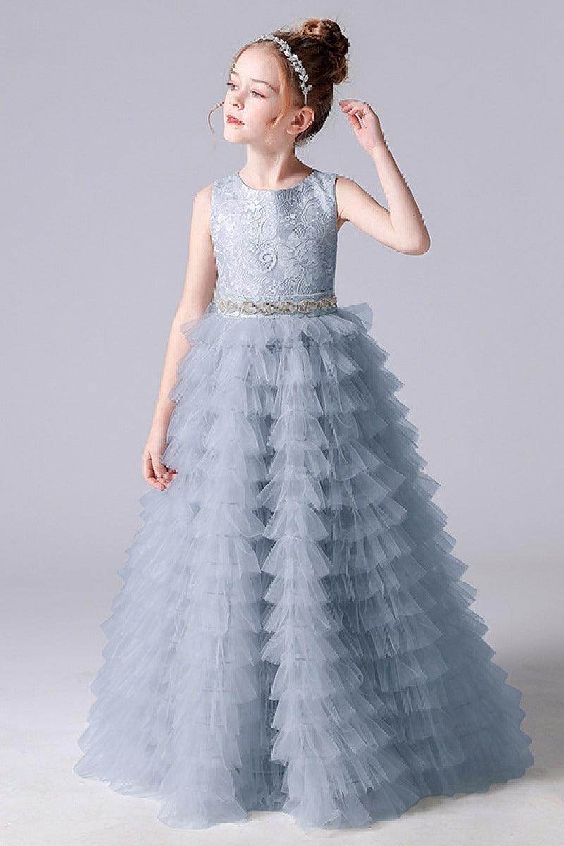 grey flower girl dresses Lavetir Slate Blue Crew Neck Tulle Flower Girl Dresses with Applique & Sash 2026