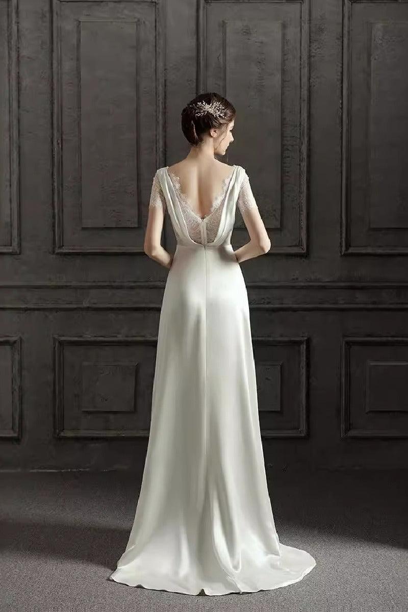 A-Line Sweep-Brush Train Satin Wedding Dress 687832654102 - COCOMELODY