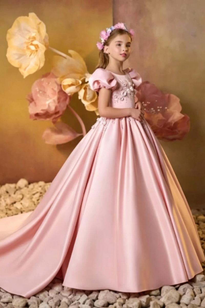 Princess Puff Short Sleeve Floral Rhinestone Satin Flower Girl Dresses 1028531621205 - 10 Days / Pink / 2 - COCOMELODY