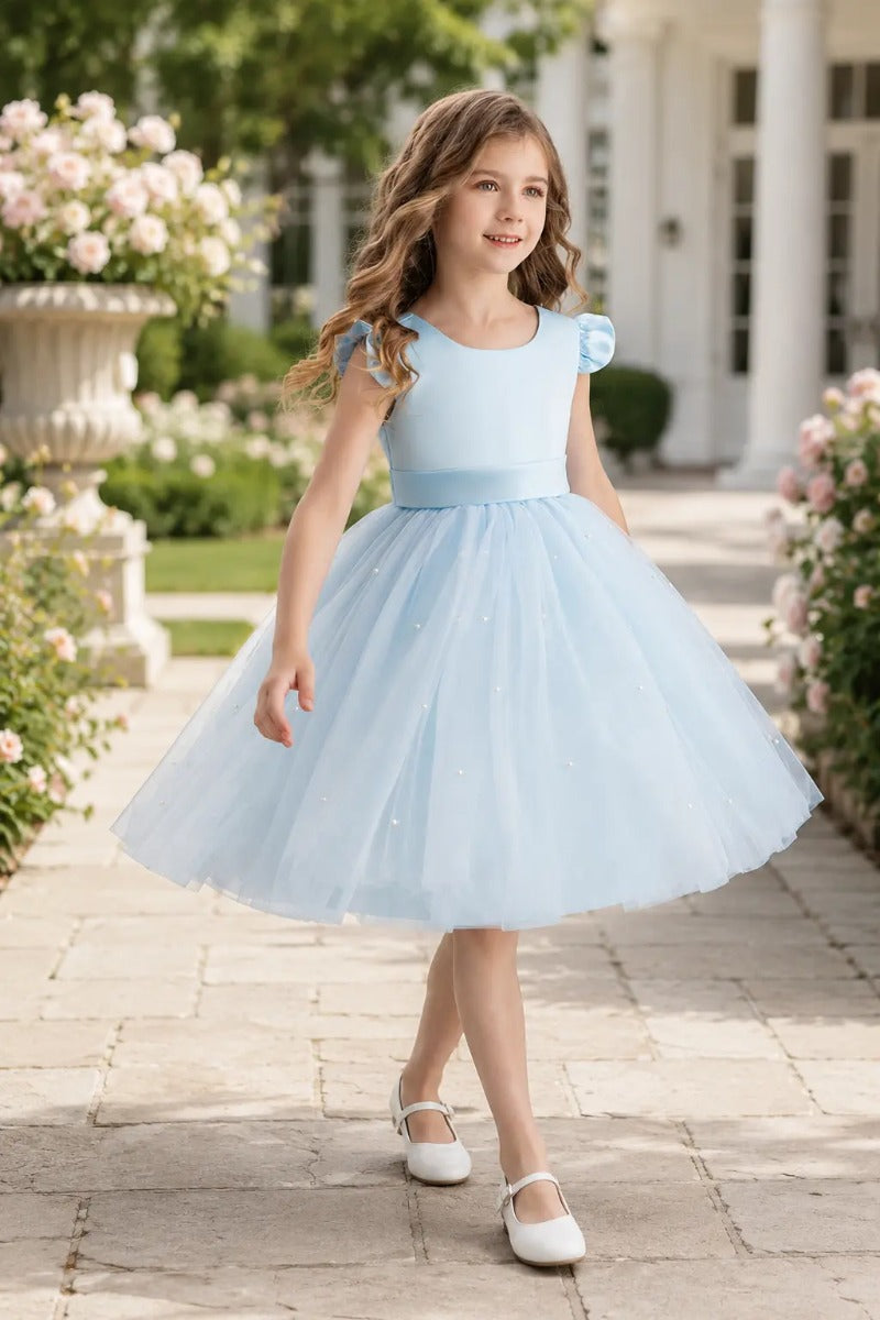 Tulle Pearl Bow Back Knee Length Ruffle Cap Sleeve Flower Girl Dresses 652115065250
