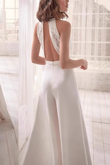 Halter Floor Length Chiffon Wedding Jumpsuit 938528175857