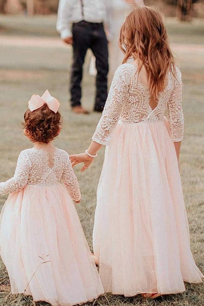 A-Line Scoop Neck Long Sleeve Lace/Tulle Flower Girl Dresses 725541112725 - COCOMELODY