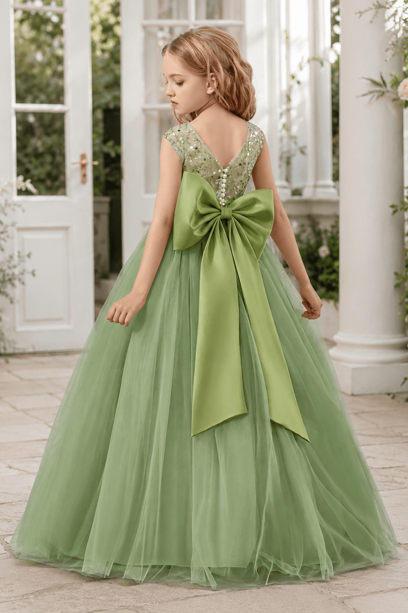 Elegant Lace Bodice Illusion Neckline Bow Back Tulle Flower Girl Dresses 901111463292