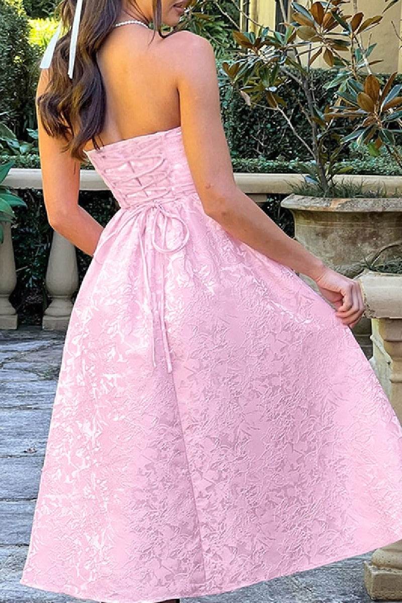 Chic A-Line Jacquard Satin Midi Wedding Guest Dress Strapless Floral Wedding Party Dress COCOMELODY 885712252250 Chic A-Line Jacquard Satin Midi Wedding Guest Dress Strapless Floral Wedding Party Dress COCOMELODY 885712252250