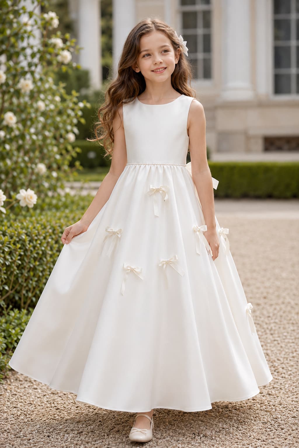 V-Back Bow Pearl Waist Scattered Bows Satin Flower Girl Dresses 1017327895779