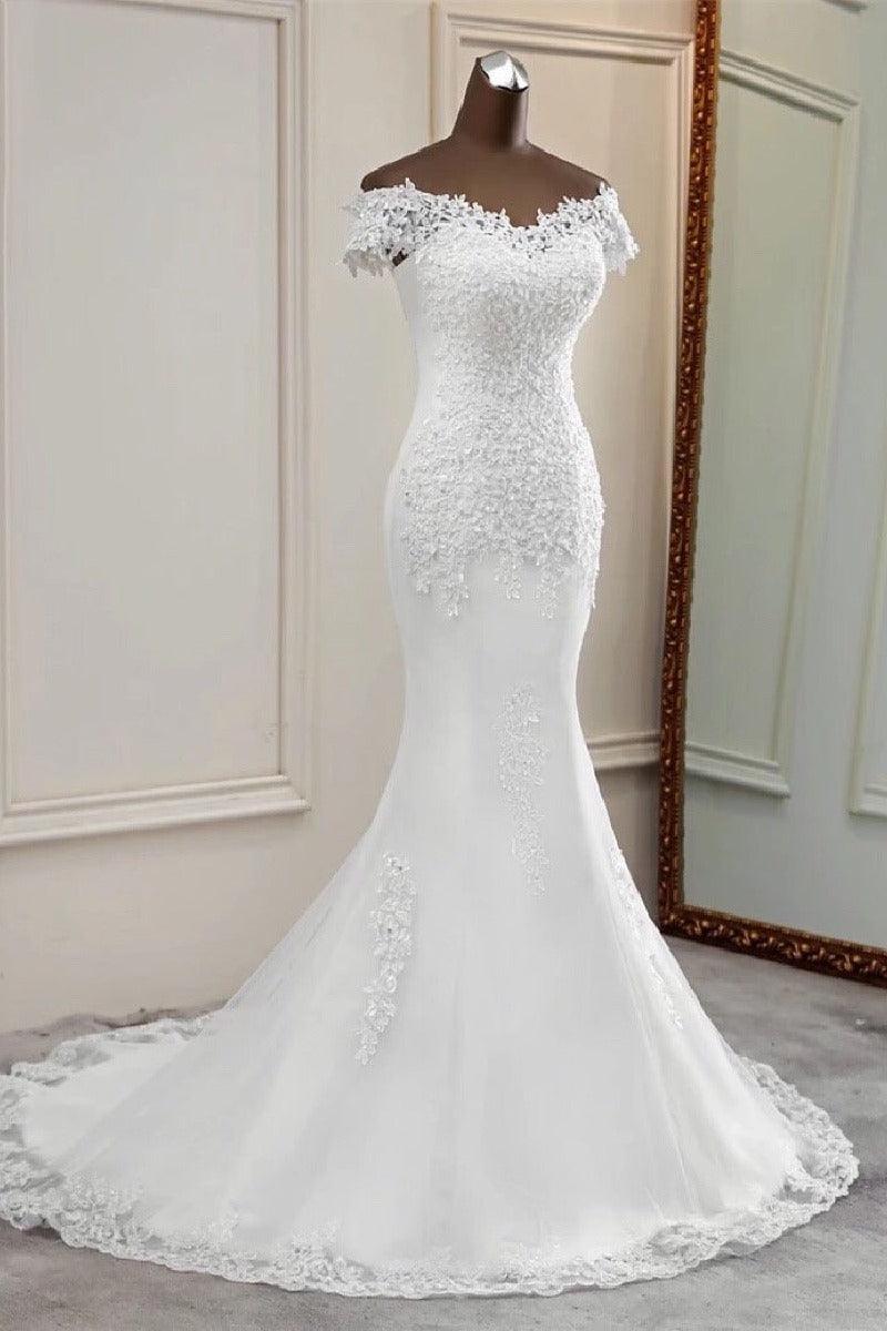 Trumpet-Mermaid Sweep-Brush Train Lace Tulle Wedding Dress 670594800287 - COCOMELODY