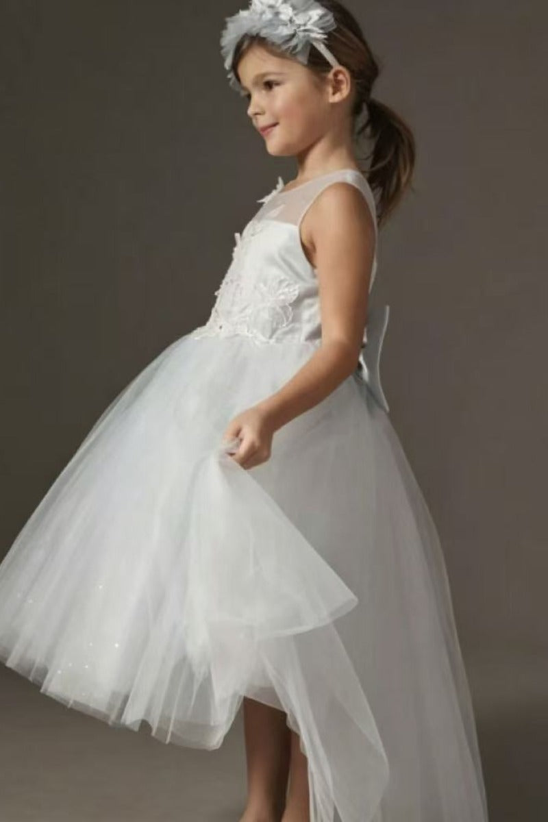 Princess Illusion Round Neck High-Low Lace Tulle Flower Girl Dresses 1062488474414