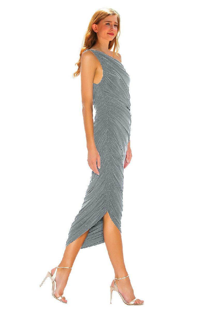 Silver wire pleated oblique shoulder cocktail dress 752479154321 - COCOMELODY