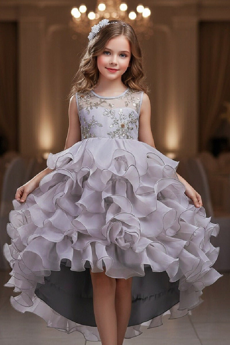Ball Gown Illusion Round Neck Sleeveless Ruffled Organza Hi-Low Front Short Back Long Flower Girl Dresses 1029091411303