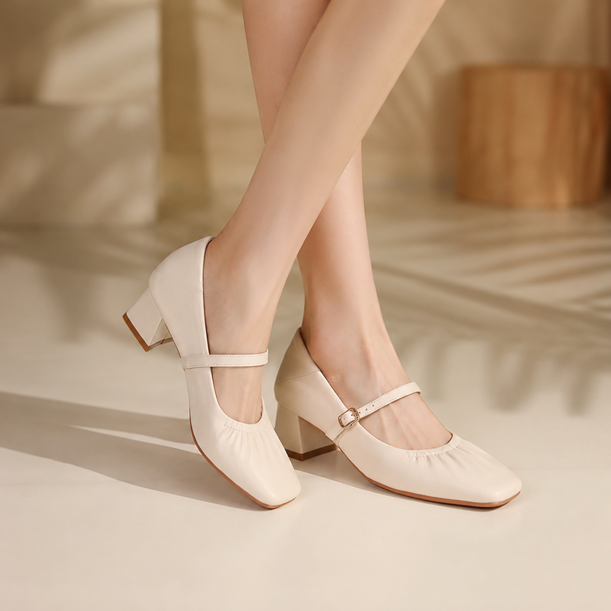 Comfortable Square Toe Mary Jane Block Heel Ruched Strap Shoes 676751558168