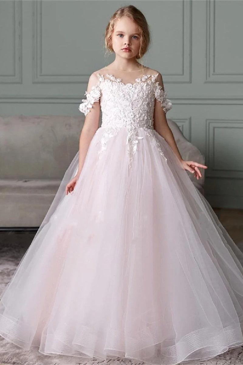 A-Line Illusion Neck Off The Shoulder Sleeves  Tulle Maxi Flower Girl Dresses 827500964252