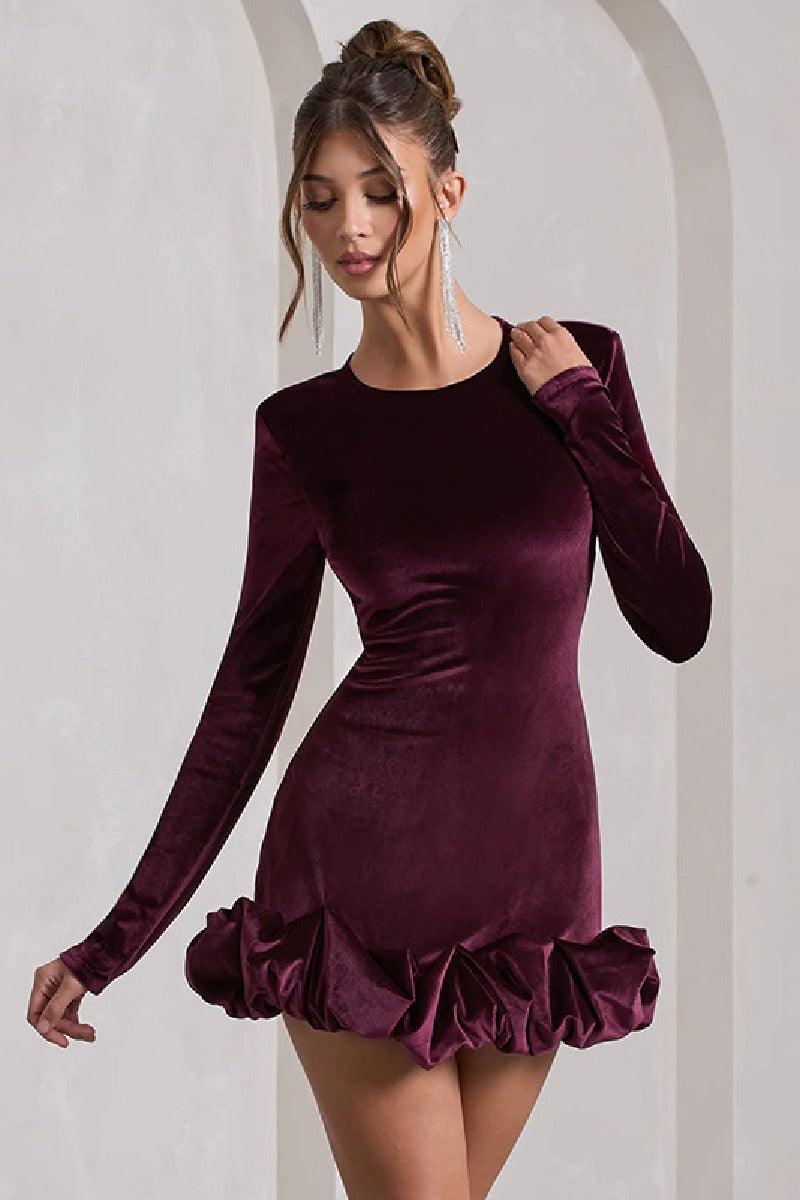 Velvet round neck three-dimensional pleated hem cocktail dress 839933653307 - COCOMELODY