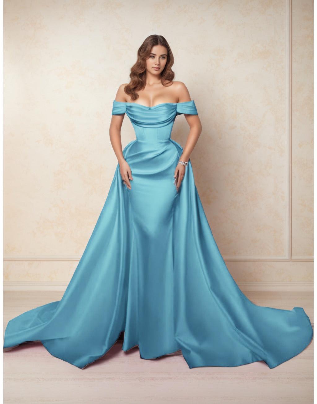 A-Line Chapel Train Satin Prom Dress CS0416 - COCOMELODY