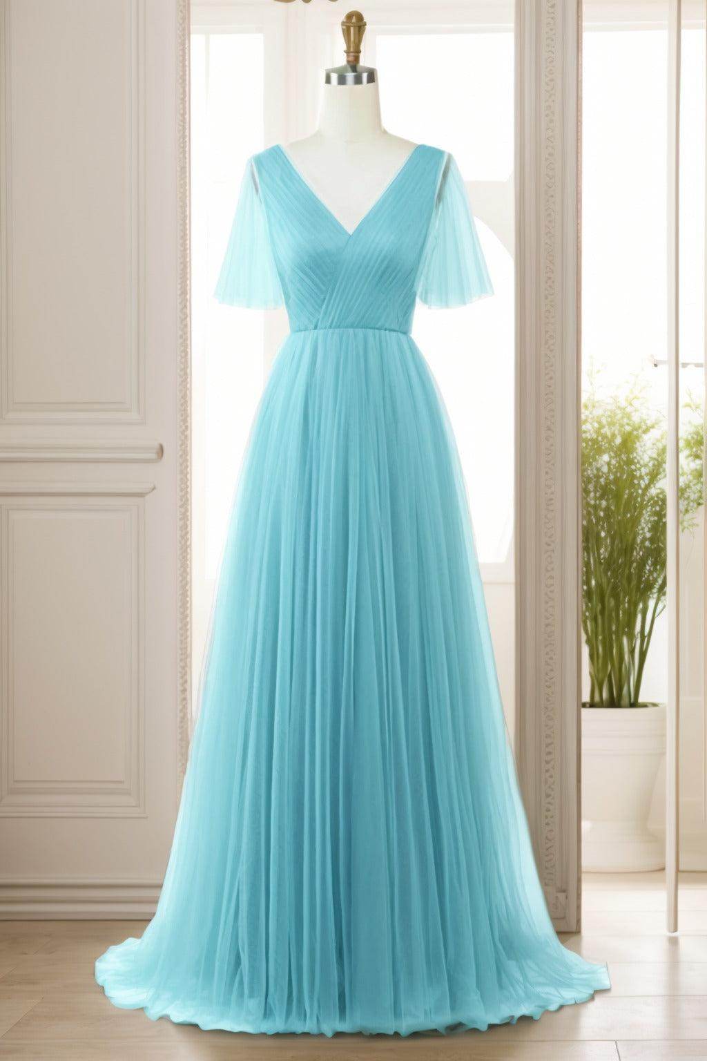 A-Line Sweep-Brush Train Tulle Prom Dress CS0472 - COCOMELODY