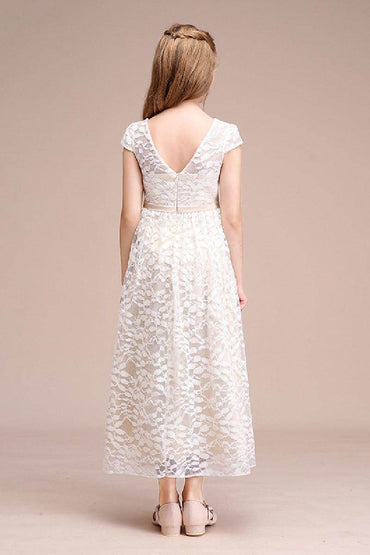 A-Line Scoop Neck Cap Sleeve Midi Lace Flower Girl Dresses 728805443986 - COCOMELODY
