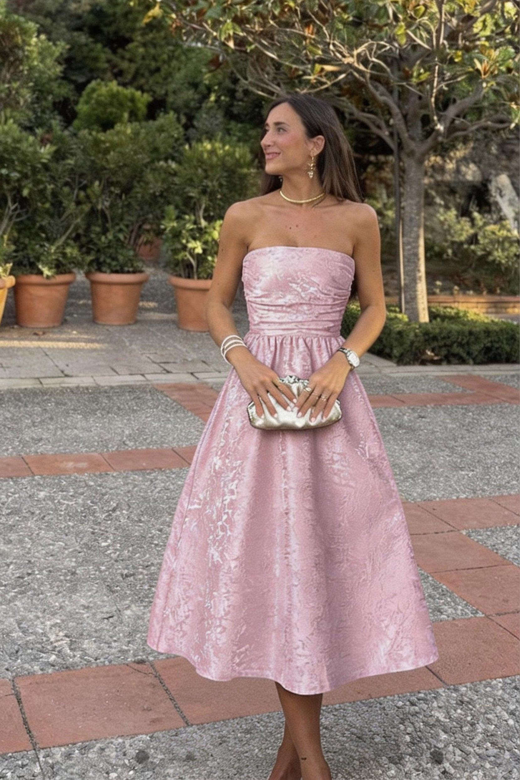 Jacquard Satin Midi Wedding Guest Dress A-Line Strapless Floral