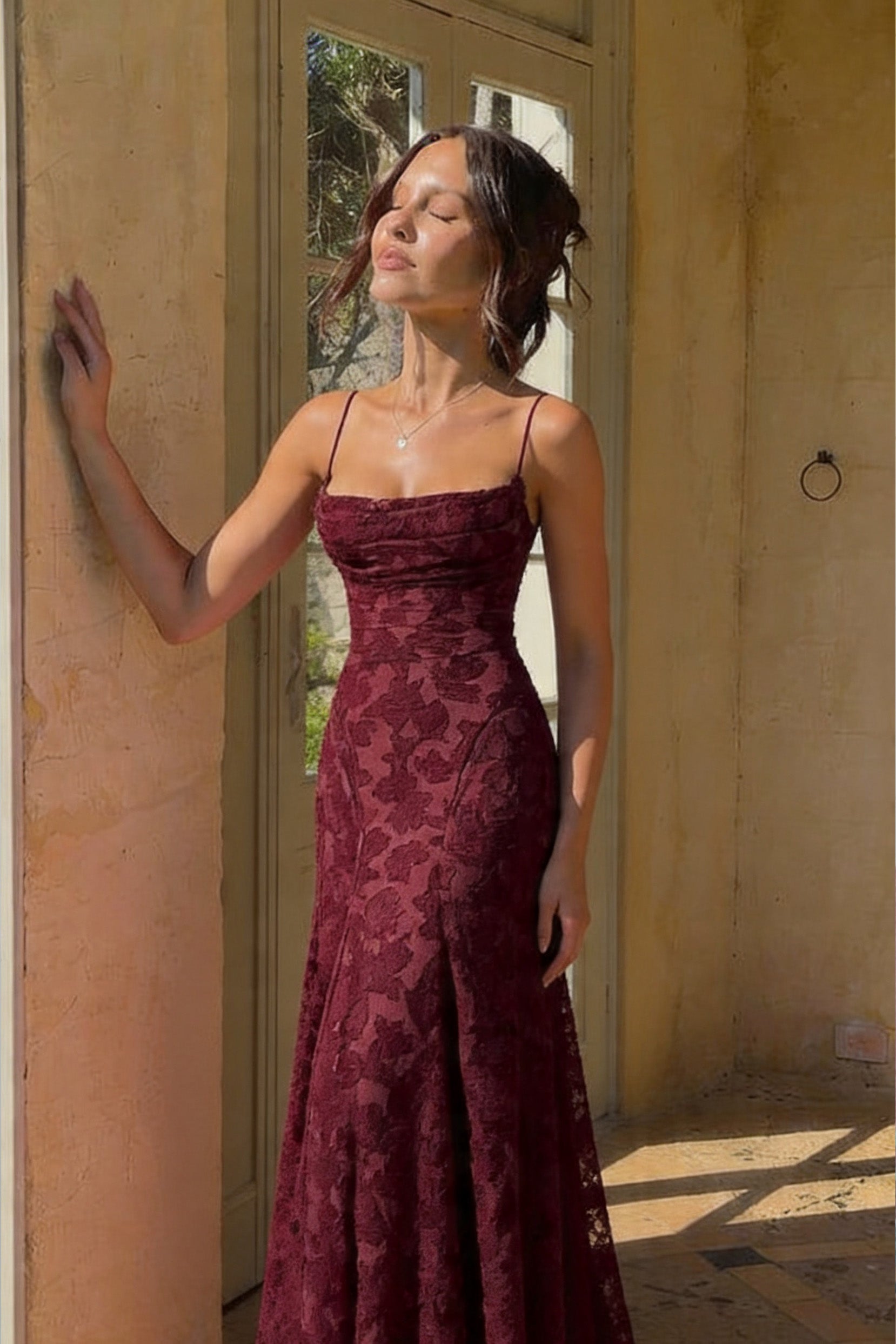 A-Line Satin Lace Maxi Wedding Guest Dress Spaghetti Straps Pleating Formal Gown COCOMELODY 976108418795 A-Line Satin Lace Maxi Wedding Guest Dress Spaghetti Straps Pleating Formal Gown COCOMELODY 976108418795
