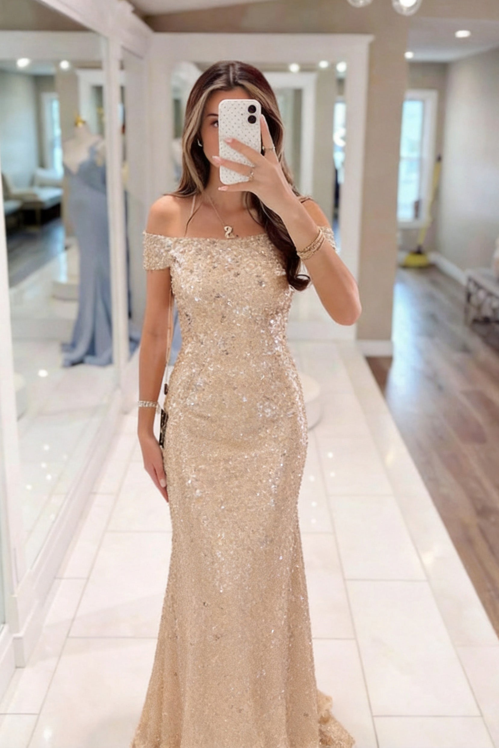 Sparkly Sheath Maxi Sequined Mother of the Bride Dress Off The Shoulder  Formal Gown COCOMELODY CM0285