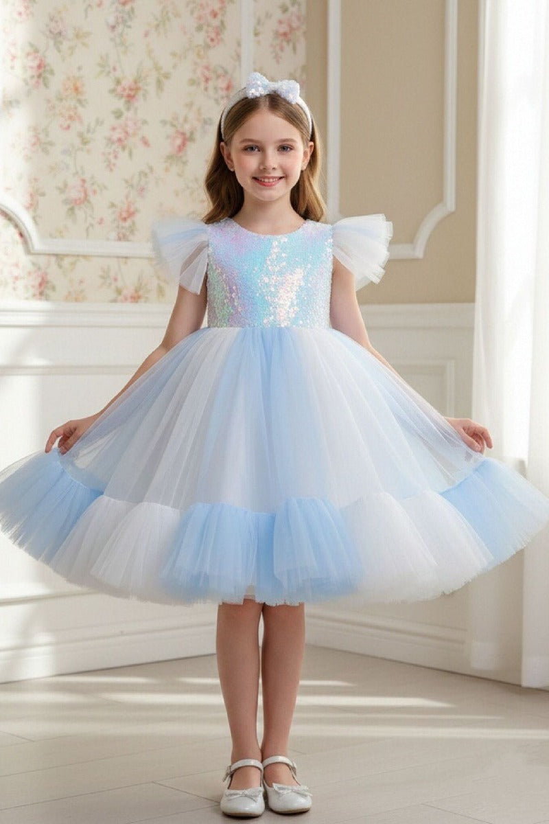 Ball Gown Flutter Sleeve Iridescent Sequin Tulle Matching Bow Headband Flower Girl Dresses 1031506040712