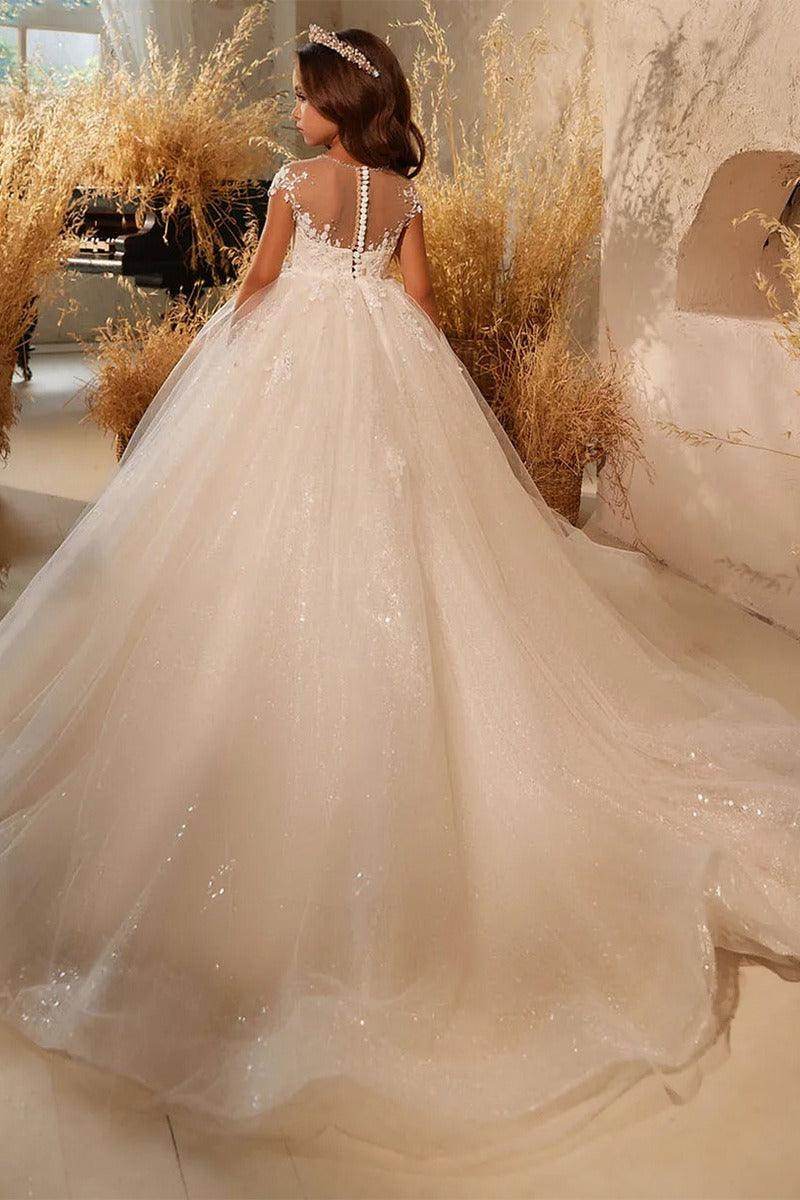 A-Line Illusion Neck Short Sleeve Sparkle Tulle Court Train Flower Girl Dresses 771199101200 - COCOMELODY