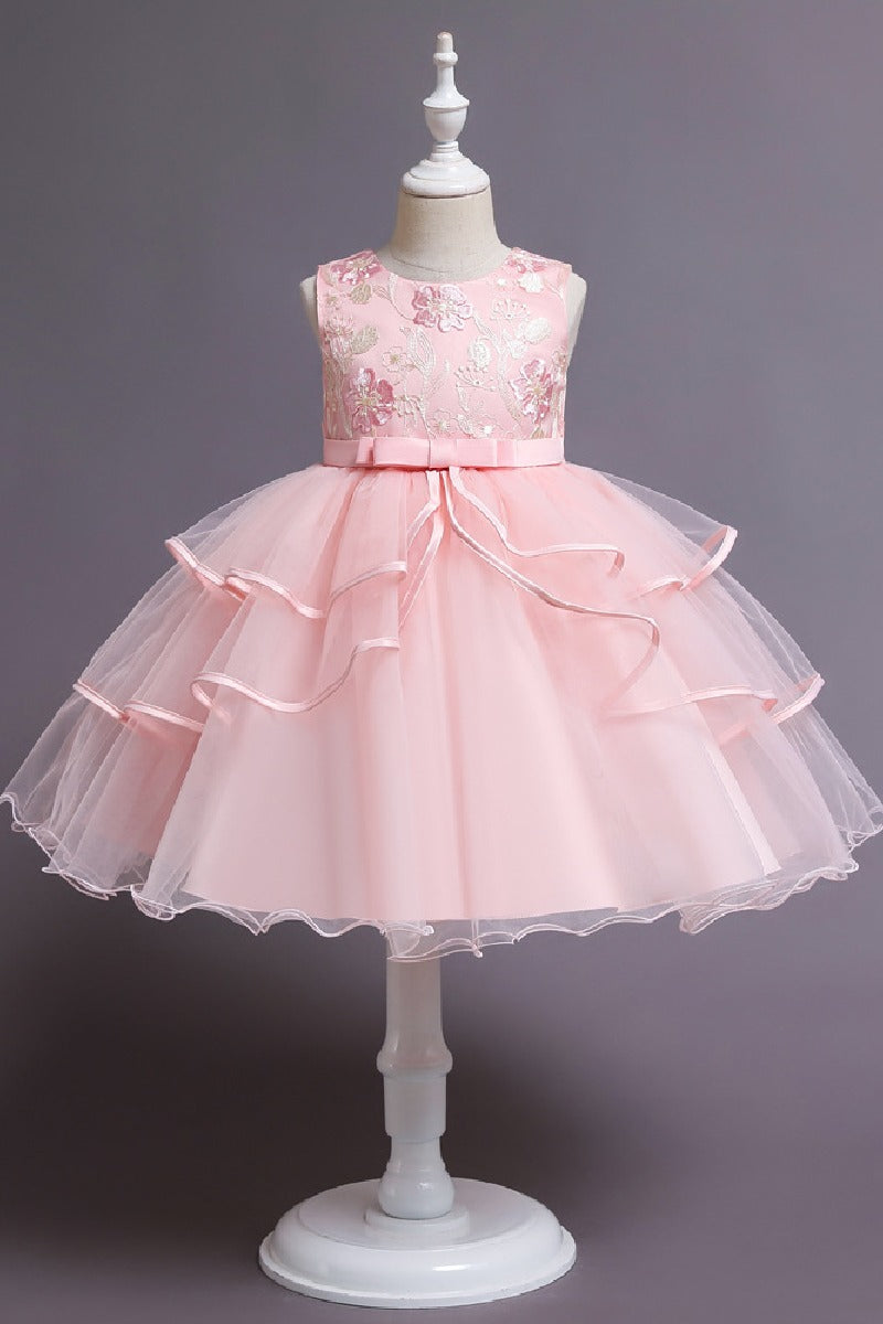 A-Line Round Neck Sleeveless Ruffled Tulle Knee Length Flower Girl Dresses 1029768342439