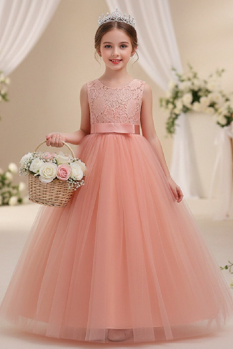 A-Line Round Neck Sleeveless Floral Lace Floor Length Tulle Flower Girl Dresses 1030687853202