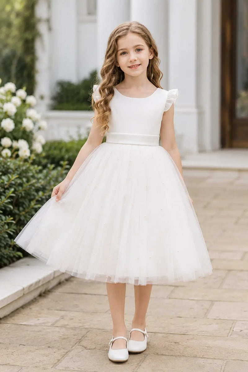 Tulle Pearl Bow Back Knee Length Ruffle Cap Sleeve Flower Girl Dresses 652115065250