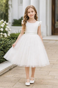 Tulle Pearl Bow Back Knee Length Ruffle Cap Sleeve Flower Girl Dresses 652115065250 - 7 Days / White / 100cm - COCOMELODY