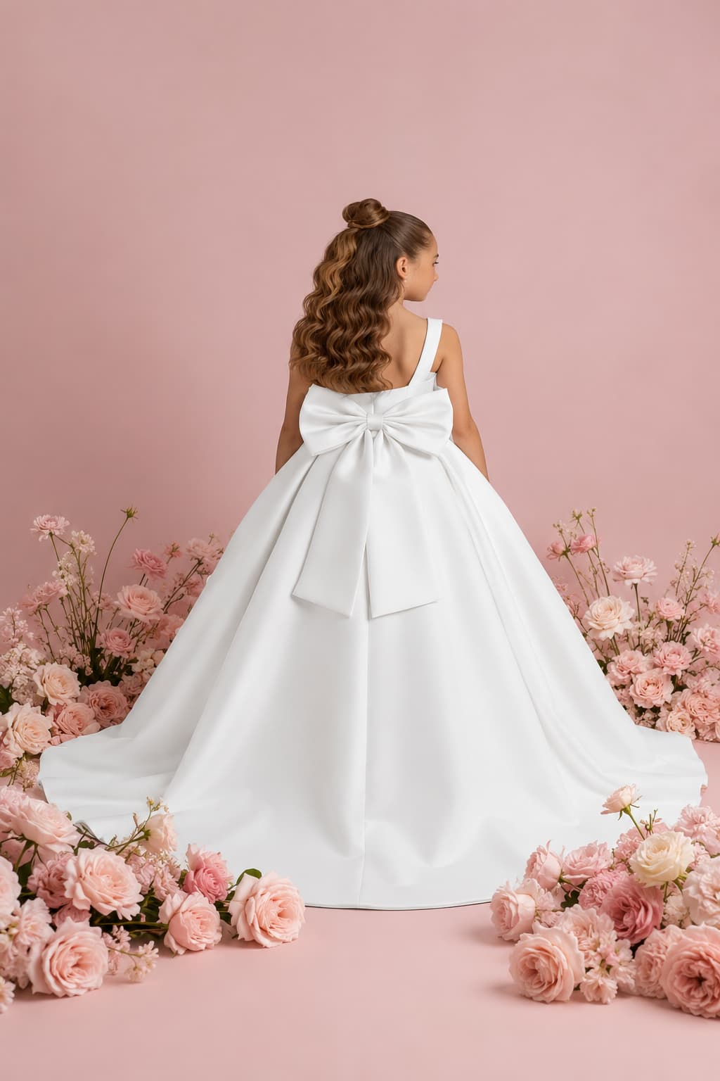 Satin V-Back Large Bow Sweep-Brush Train Wedding Gown Flower Girl Dresses 1057873354822