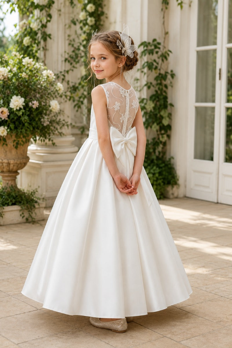 Luxury Satin Illusion Floral Mesh Back Bow Flower Girl Dresses 1042041646357