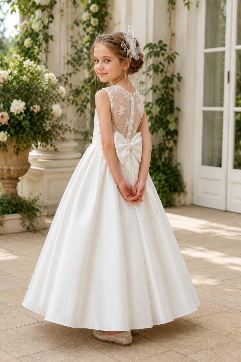 Luxury Satin Illusion Floral Mesh Back Bow Flower Girl Dresses 1042041646357 - 7 Days / As Picture / 8Y - COCOMELODY