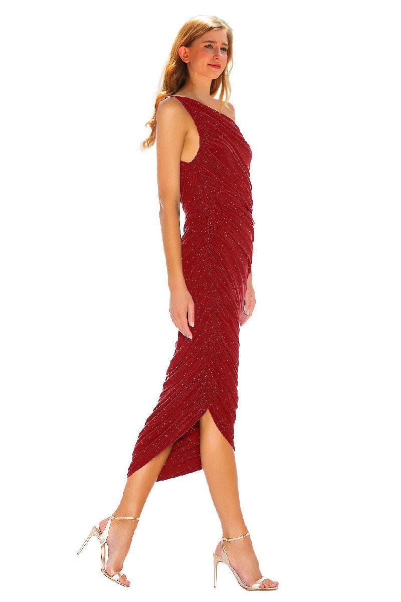 Silver wire pleated oblique shoulder cocktail dress 752479154321 - COCOMELODY