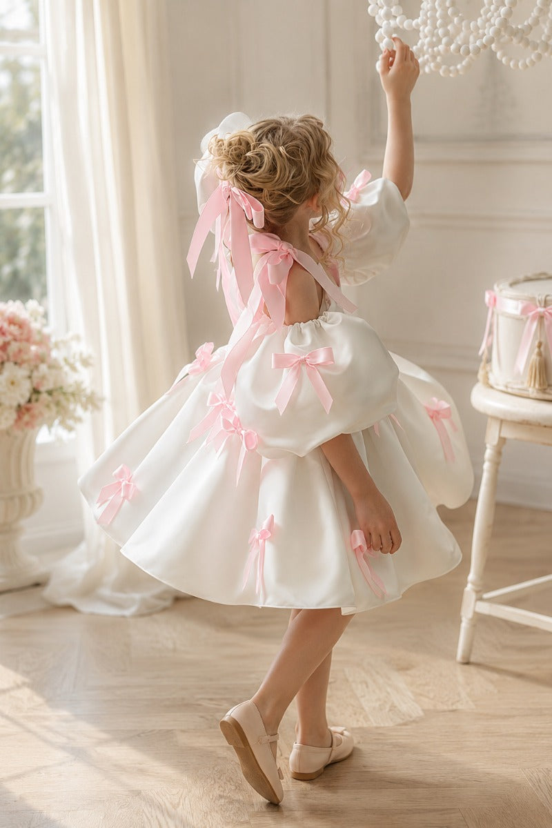 Sweet Satin Cold Shoulder Puff Sleeves Bow Details Flower Girl Dresses 994215152061