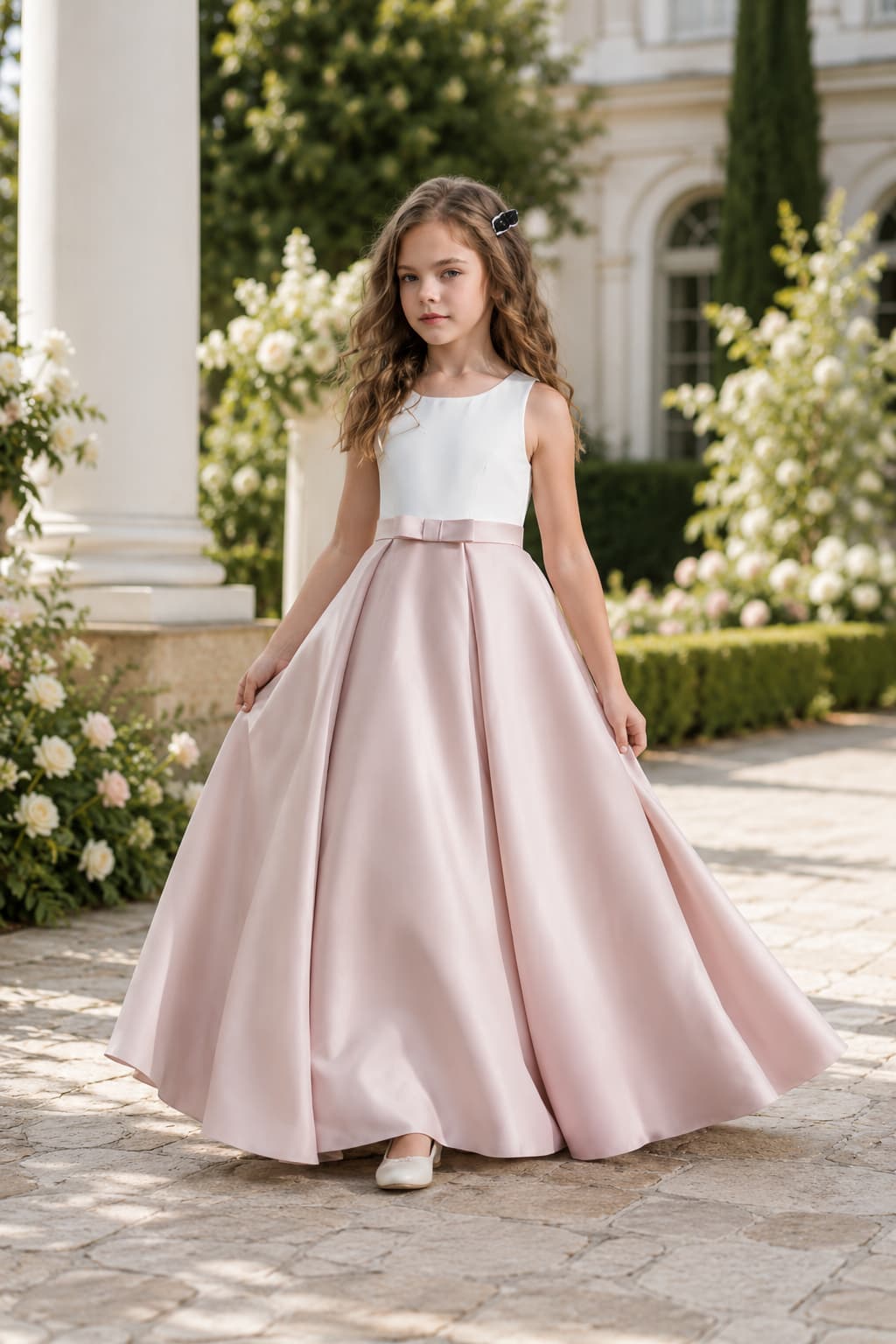 Flower Girl Dresses Satin V-Back Bow Straps Floor Length Wedding Gown 1058875849330