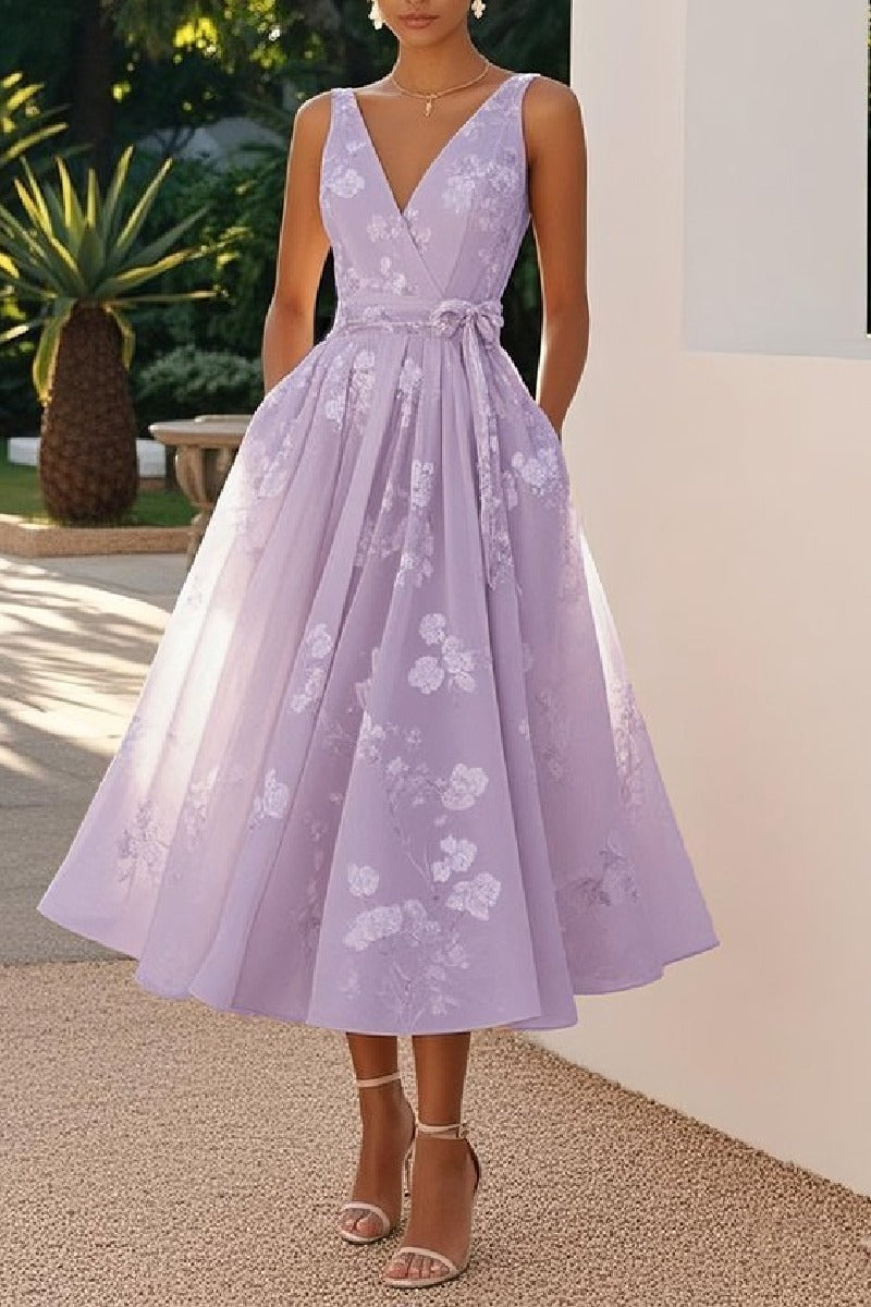 A-Line Tea Length Lace Wedding Guest Dress 936977177647