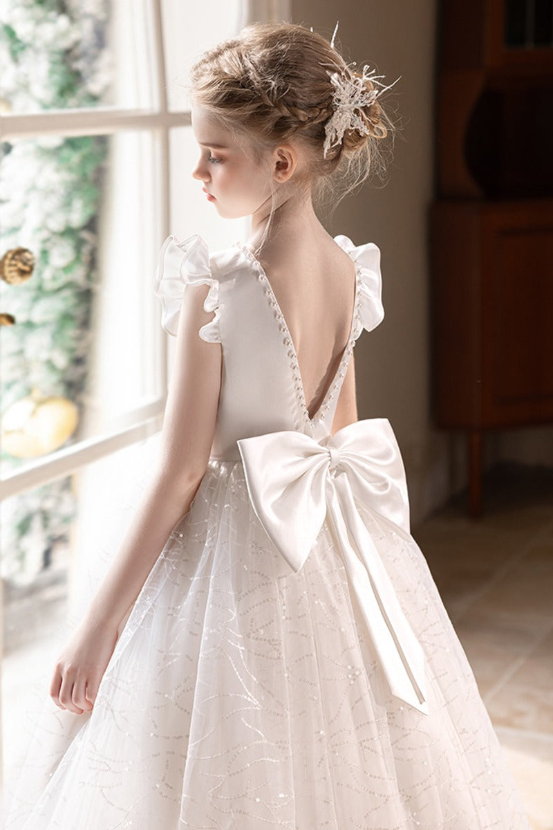 Sequin Tulle Ruffle Sleeves Pearl V-Back Bow Flower Girl Dresses 915170698367