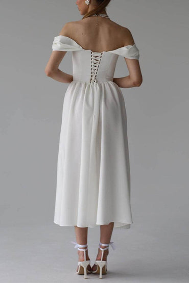 A-Line Tea Length Elastic Cloth Little White Dress 100005 - COCOMELODY